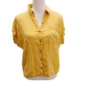 Rachel Zoe Top Blouse Button Front 100% Linen Mustard Yellow Medium